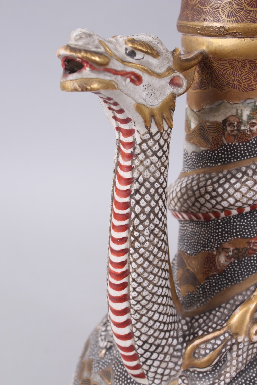 A 19TH CENTURY JAPANESE SATSUMA VASE, DRAGON EWER AND COVER. 29cms high. - Image 5 of 12