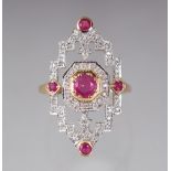 A 9CT GOLD, RUBY AND DIAMOND OPENWORK RING.