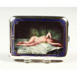 A SUPERB CONTINENTAL SILVER CIGARETTE CASE, the enamel front with a reclining nude with blue