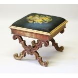 A VICTORIAN MAHOGANY CROSS FRAME STOOL with needlework top. 51cms.