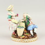 A 19TH CENTURY MEISSEN GROUP OF A YOUNG GALLANT AND YOUNG GIRL, holding fruiting grapes. Cross