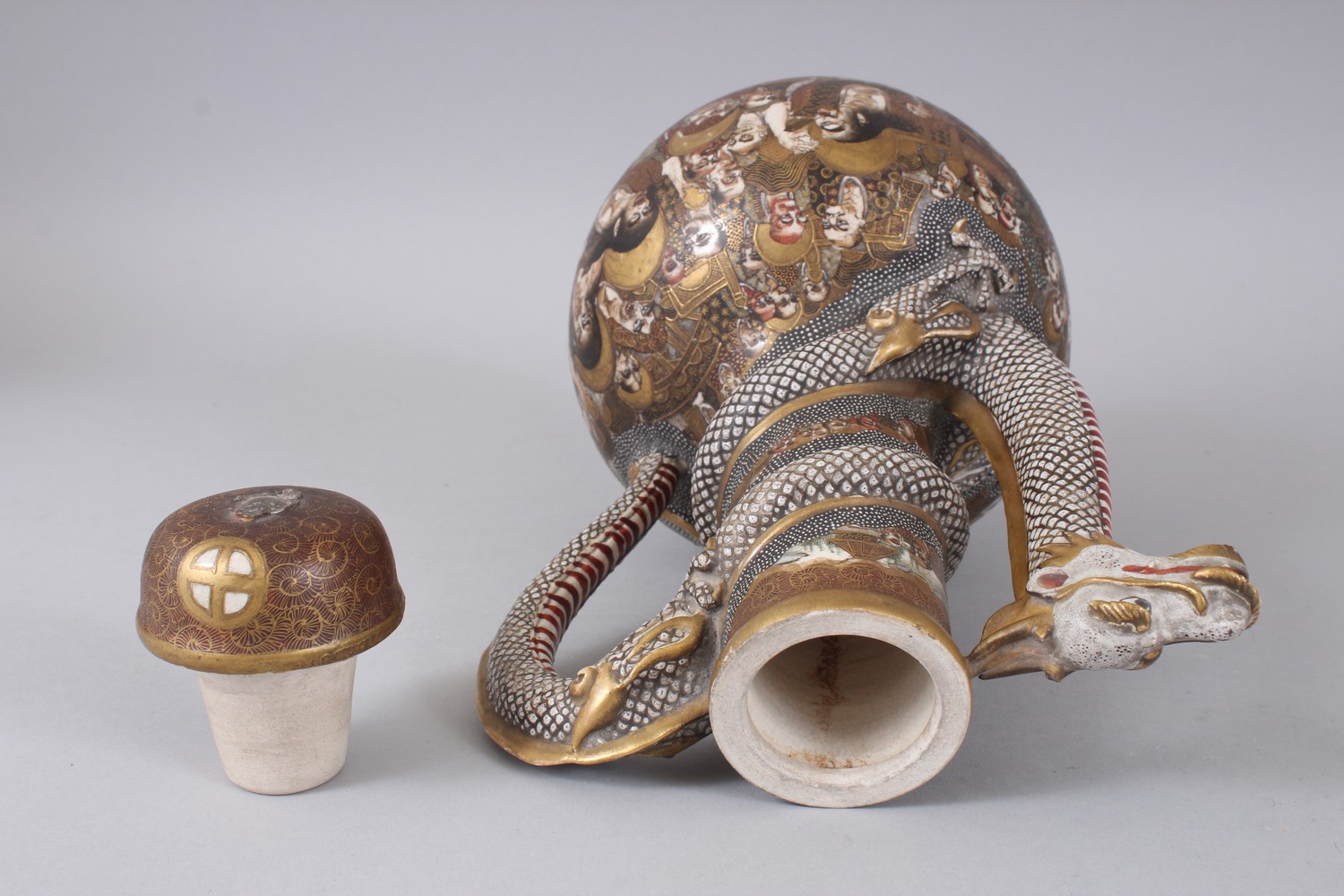 A 19TH CENTURY JAPANESE SATSUMA VASE, DRAGON EWER AND COVER. 29cms high. - Image 9 of 12