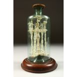 A RARE NAPOLEONIC PRISONER OF WAR BONE CRUCIFIX, in a glass dome. 12cms high.