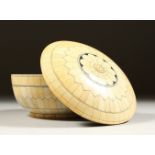 A GOOD SEGMENTED BONE CIRCULAR BOX AND COVER. 14cms diameter.