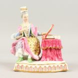 A MEISSEN PORCELAIN GROUP, a lady sitting at a dressing table, symbolic of SIGHT. Cross swords