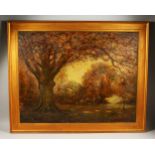 WOODLAND SCENE. Oil, in a gilt frame. 70cms x 90cms.