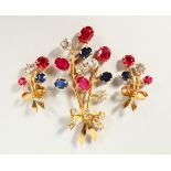 A GOOD BROOCH AND EARRINGS, in 18ct gold, set with semi-precious stones.
