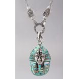 A SUPERB REAL OPAL SET SILVER EGYPTIAN PENDANT AND CHAIN.