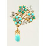 AN 18CT GOLD, TURQUOISE AND DIAMOND BROOCH.