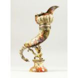 A SUPERB 19TH CENTURY VIENNA ENAMEL CORNUCOPIA VASE, with gilt dragon support with classical
