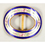 A GOOD SMALL GUILLOCHE AND FLORAL ENAMEL OVAL BUCKLE. 5.5cms wide.