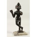 A 19TH CENTURY INDIAN BRONZE FIGURE OF VISHNU / DIETY, attached to a marble base, stood with one