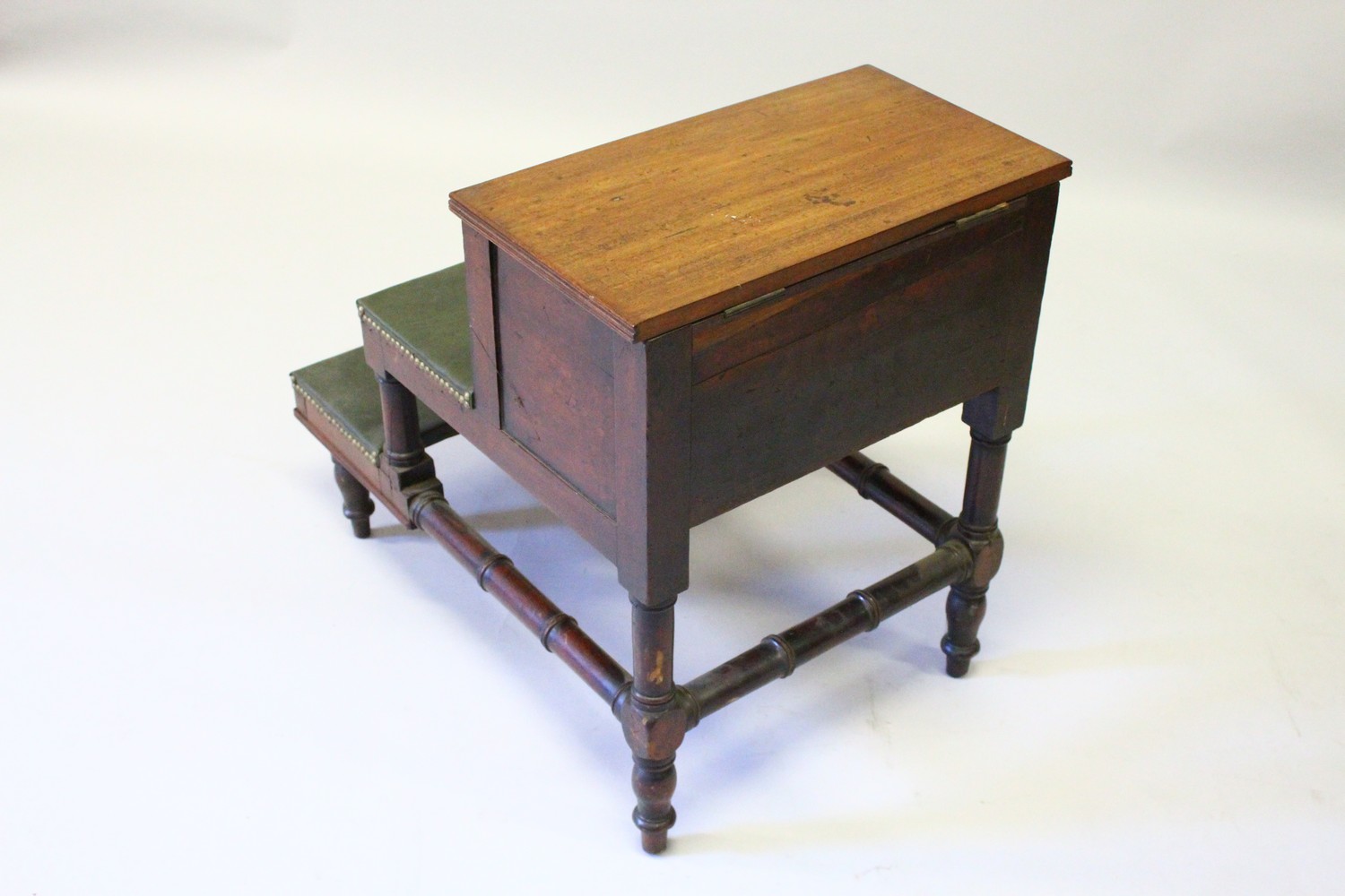 A 19TH CENTURY MAHOGANY SET OF LIBRARY STEPS with rising top, on turned supports. 63cms high x 51cms - Image 7 of 7