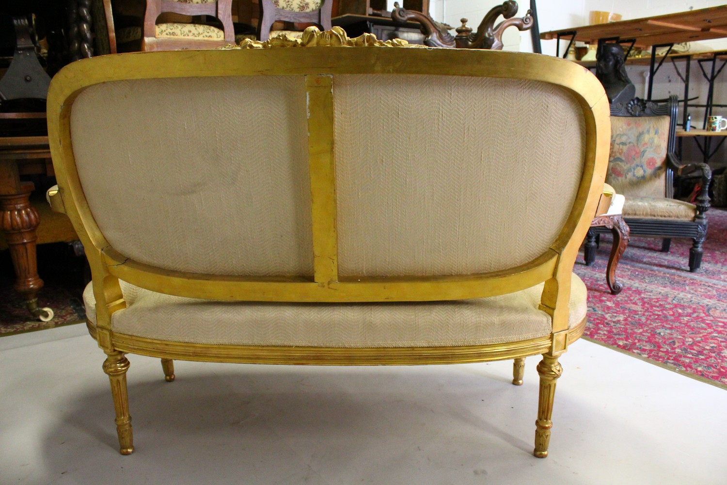A GOOD LOUIS XVI STYLE GILTWOOD CANAPE, PAIR OF FAUTEUIL and four single chairs with padded backs, - Image 12 of 13