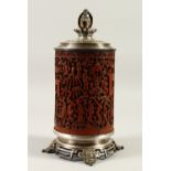 A 19TH / 20TH CENTURY CHINESE BAMBOO BRUSH POT / LIDDED BOX, later added French metalwork to convert