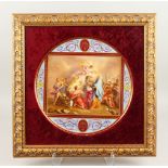 A SUPERB LARGE VIENNA CIRCULAR DISH, painted with a classical scene, within a blue border.
