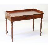 A LATE REGENCY MAHOGANY SIDE TABLE, with two frieze drawers, on turned and tapering legs. 106cms