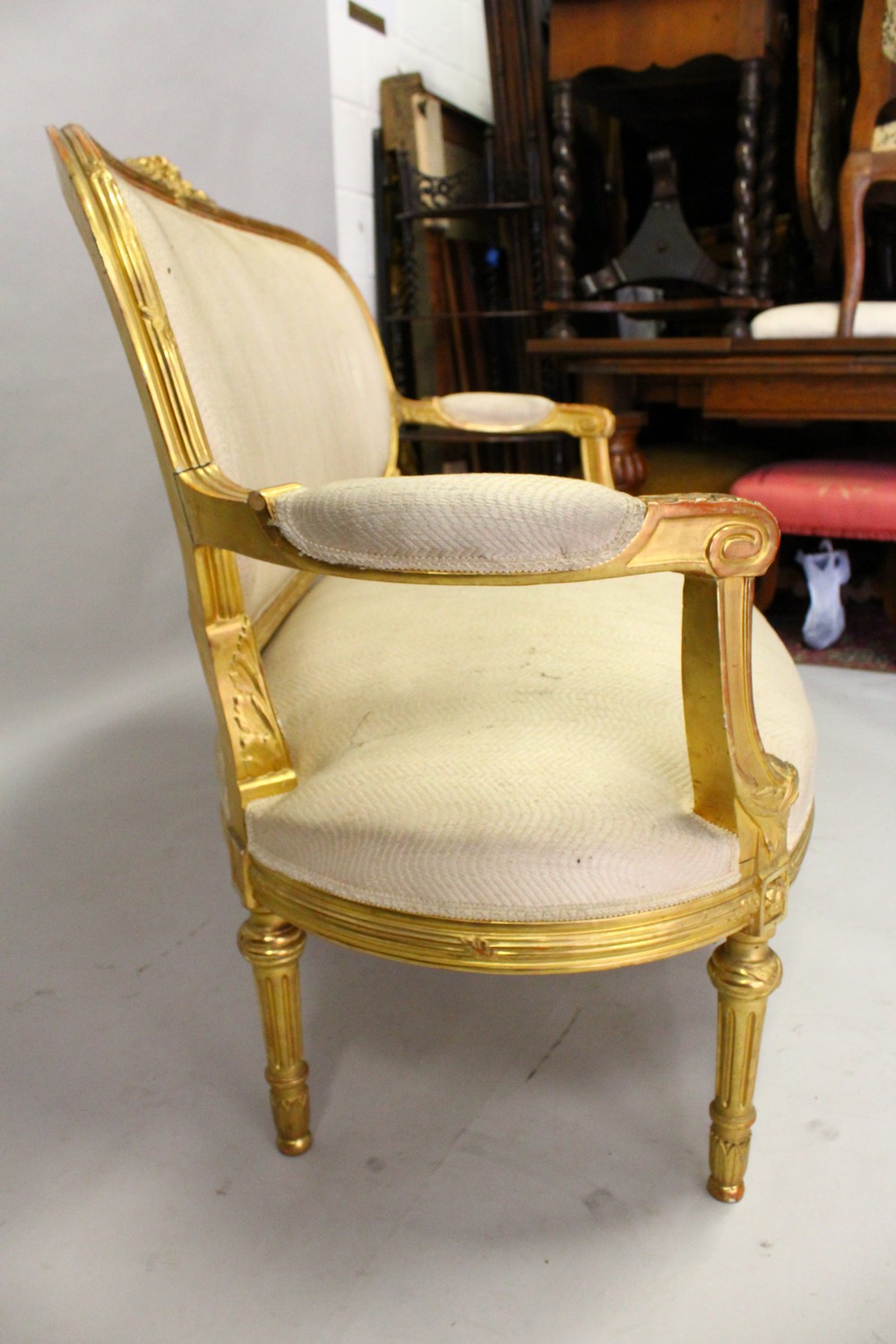 A GOOD LOUIS XVI STYLE GILTWOOD CANAPE, PAIR OF FAUTEUIL and four single chairs with padded backs, - Image 10 of 13