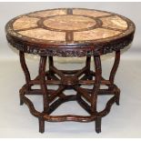 A LARGE GOOD QUALITY 19TH CENTURY CHINESE CIRCULAR PINK MARBLE TOP & MOTHER-OF-PEARL INLAID CARVED