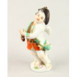 A SMALL MEISSEN PORCELAIN FIGURE, a young boy holding a gun. Cross swords mark in blue. 9cms high.