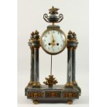 A FRENCH GREY MARBLE AND ORMOLU MANTLE CLOCK, with urn finial, white enamel dial, column supports