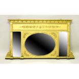 A VERY GOOD GILTWOOD OVERMANTLE MIRROR with oval mirrored panels and rectangular mirror in an ornate