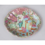 A GOOD CANTON CHINESE SHAPED OVAL DISH, painted with birds and flowers. 26cms long.