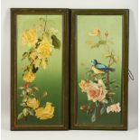 A PAIR OF OILS ON METAL PANELS, Birds and Roses. 58cms x 24cms.
