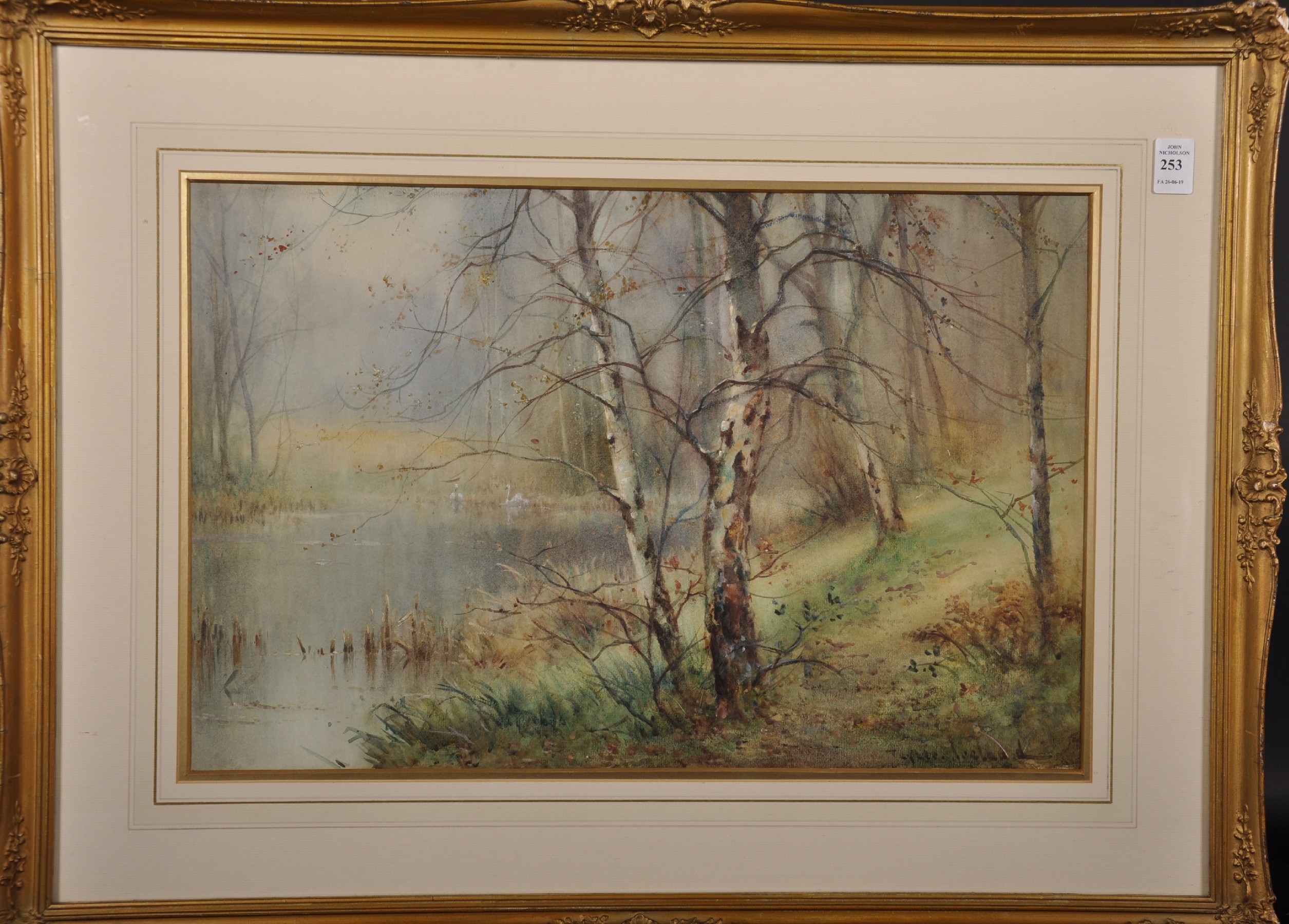 Thomas Taylor Ireland (act.1880-1927) British. A Wooded River Landscape, with Swans in the distance, - Image 2 of 4