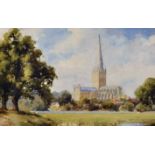 Cyril V Parker (1907-2003) British. 'Norwich Cathedral', with a River Landscape in the foreground,