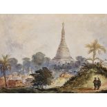 19th Century English School. "Rangoon", Soldiers on a Path, with a Temple in the distance, Burma,