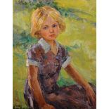 Victor Federovitch Letyanin (1921-2009) Russian. "Portrait of a Girl", seated in a Meadow, Oil on