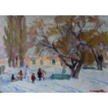 Avraam Menachevitch Kharkovski (1911-1995) Russian. "Winter Day", Children playing in the Snow