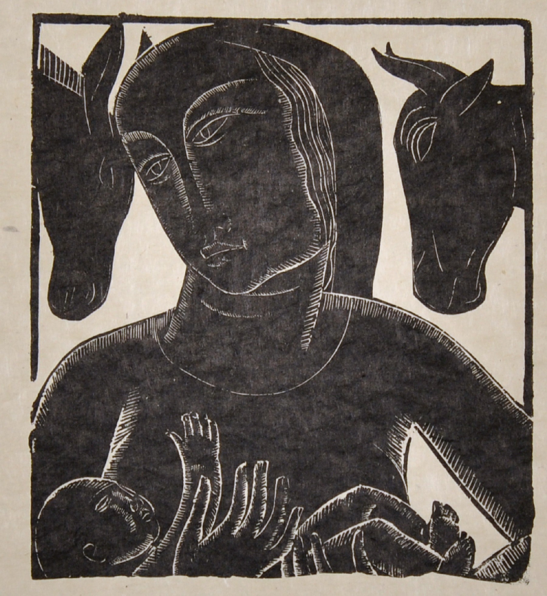 20th Century English School. A Mother and Child, Woodblock, Unframed, 4.5" x 4", and a large