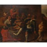 18th Century Dutch School. Figures outside a Tavern, Oil on Canvas, in a Carved Giltwood Frame,