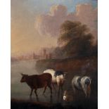 19th Century Dutch School. A River Landscape, with Cattle and a Goat, Oil on Panel, 16.5" x 13.5".