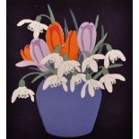 John Hall Thorpe (1874-1947) British. Crocuses and Snowdrops in a Blue Vase, Woodcut in Colours,