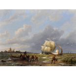 Peter Cornelis Dommerson (1834-1908) Dutch/British. A Beach Scene, with Figures unloading a Boat