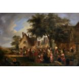 19th Century English School. A Village Scene with Figures, Oil on Canvas, Indistinctly Signed, 20" x