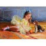 Konstantin Razumov (1974- ) Russian. "Friends", A Young Girl and Puppy playing with a Ball, Oil on