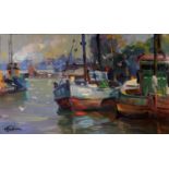 Nikolai Nikolaevich Babasyuk (1939-2006) Russian. "In the Port of Odessa", Boats Moored, Oil on
