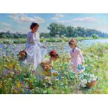 Alexandre Averine (1952- ) Russian. "By the River", Young Girls picking Flowers by the River, Oil on