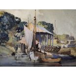 Leslie Arthur Wilcox (1904-1982) British. A River Scene, with Moored Boats, Watercolour, Inscribed