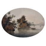 Circle of William Daniell (1769-1837) British. A Rocky Indian River Landscape, with Figures in a