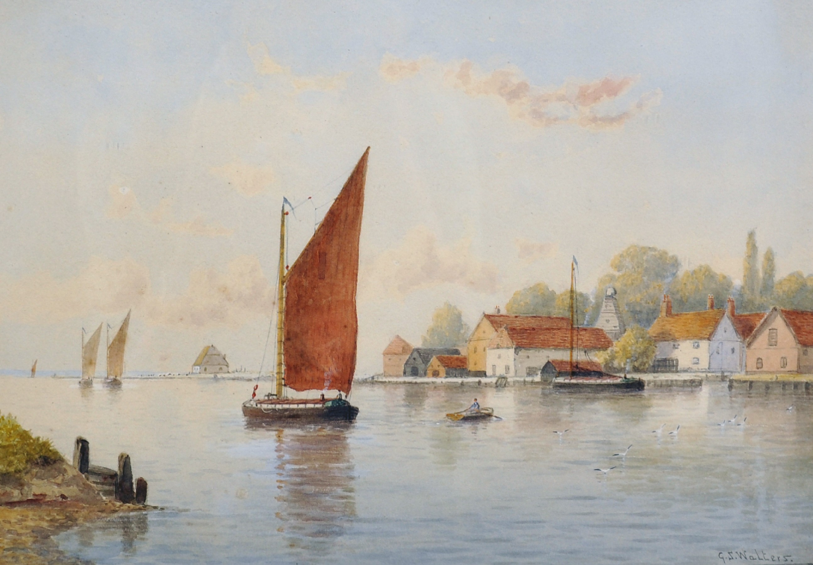 George Stanfield Walters (1838-1924) British. "On the Yare, above Yarmouth", Watercolour, Signed,