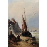 Manner of Theordore Webber (1838-1907) French. Figures and Boats by a Harbour Wall, Oil on Board,