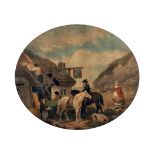 After George Morland (1763-1804) British. Figures and Horses by an Inn, Print, Oval, 17" x 20.5".