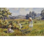19th Century English School. Young Children Playing in a Meadow, Watercolour, Signed with