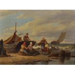 Pieter Christian Dommersen (act.1865-1913) Dutch. 'Mending the Nets', Figures on a Beach, Oil on