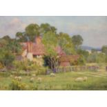 George Marks (1857-1933) British. "The Edge of a Sussex Common", with Sheep Grazing in front of a